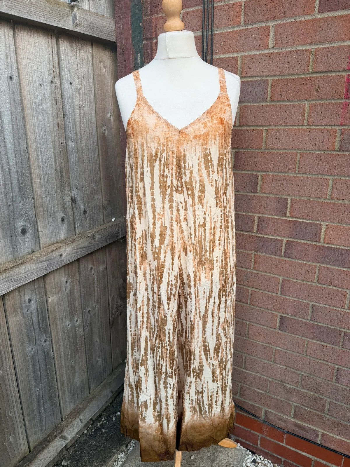 M-Made in Italy beige and brown tie dye wide leg jumpsuit with tags.