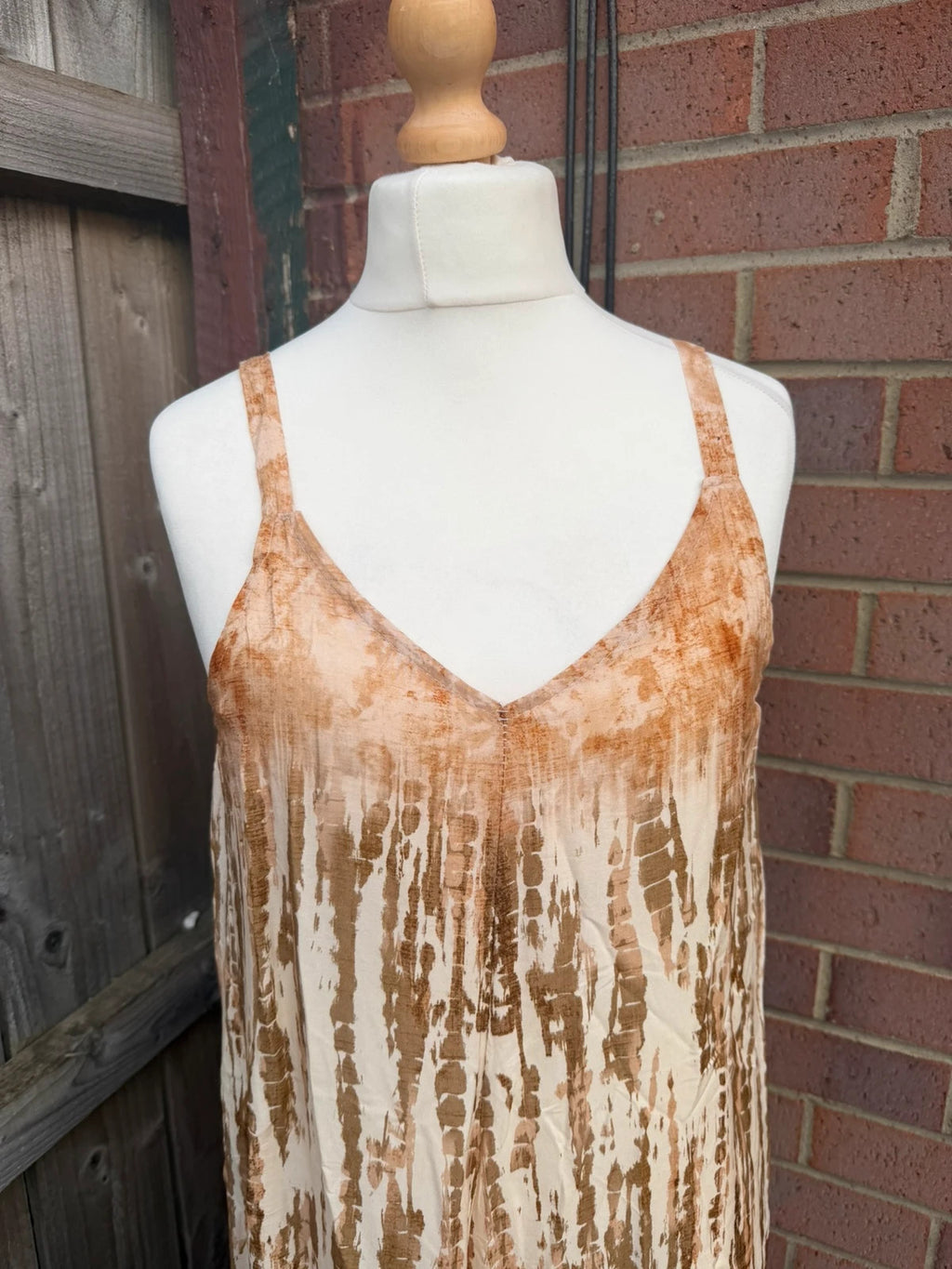 M-Made in Italy beige and brown tie dye wide leg jumpsuit with tags.