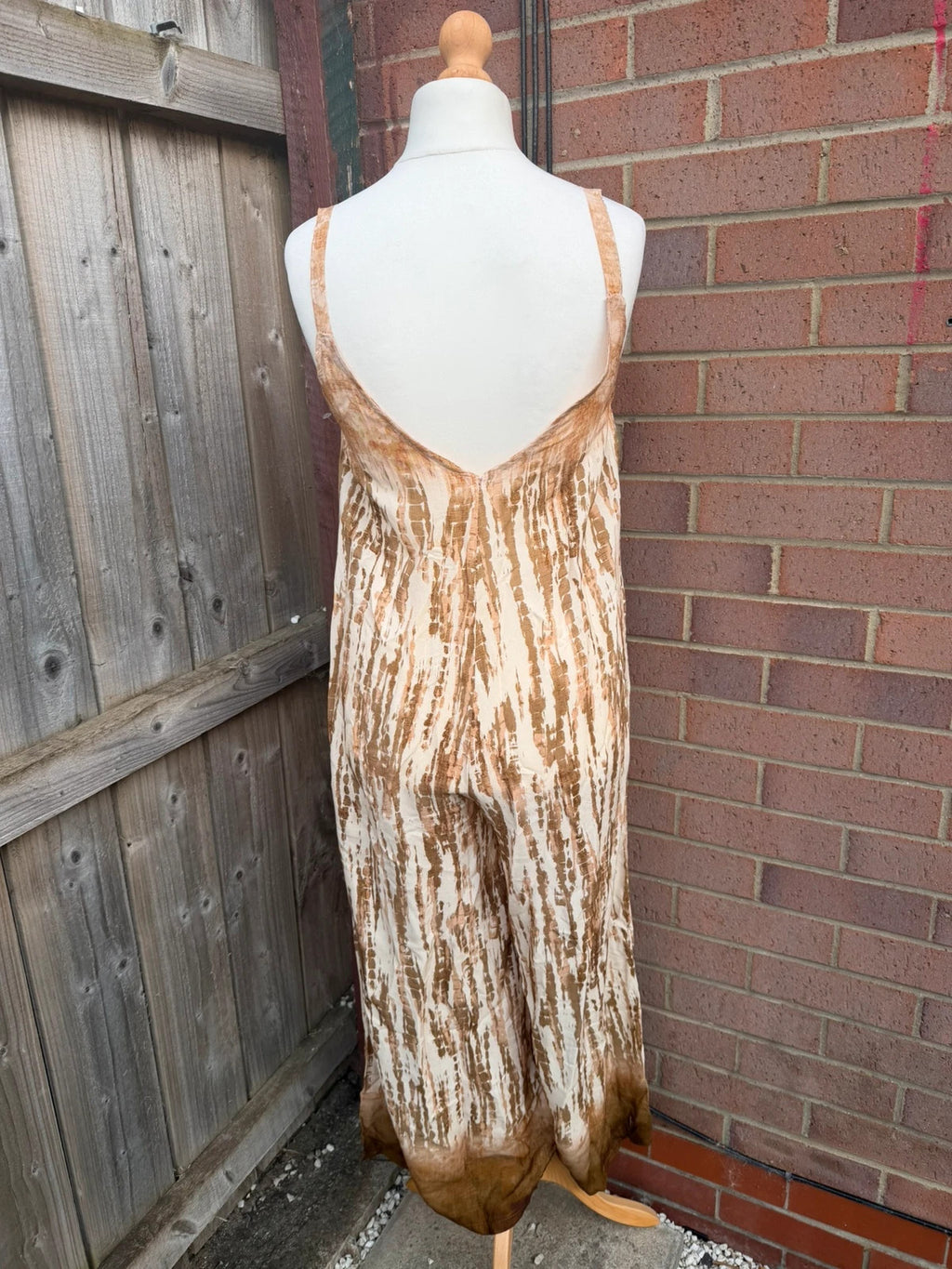 M-Made in Italy beige and brown tie dye wide leg jumpsuit with tags.