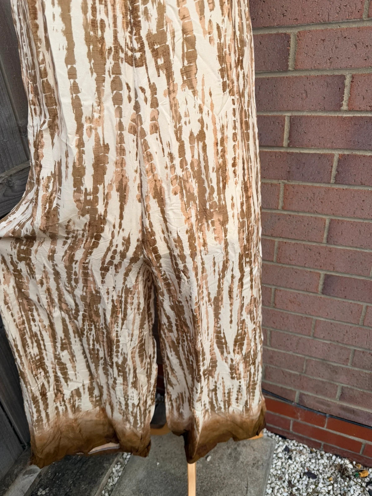 M-Made in Italy beige and brown tie dye wide leg jumpsuit with tags.