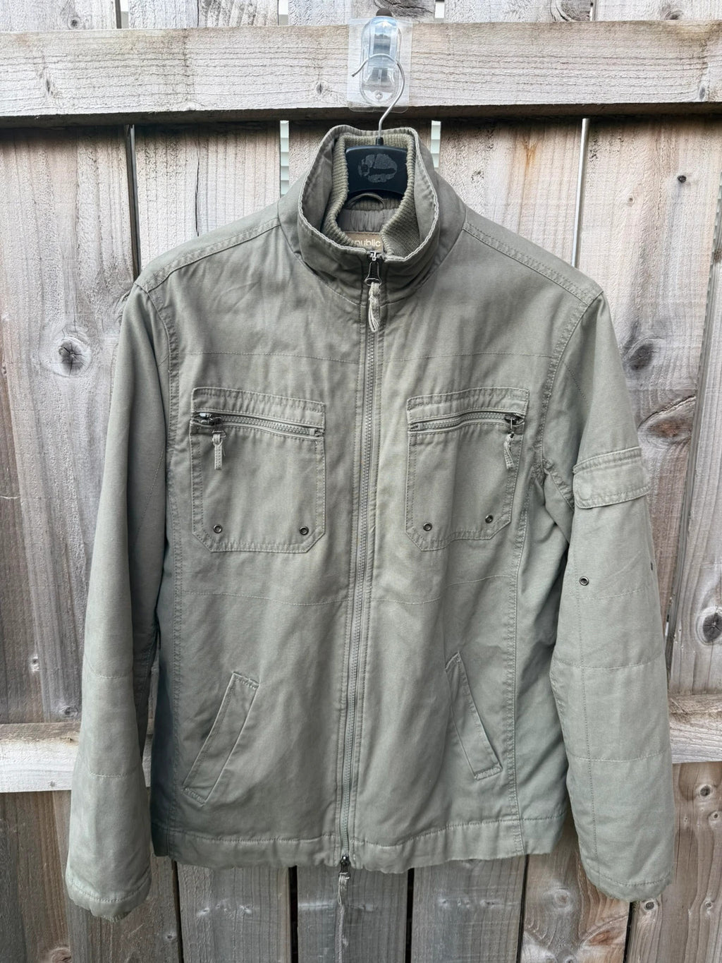 Republic khaki utility jacket with military zip, lightweight fabric, pre-loved condition.