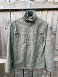 Republic khaki utility jacket with military zip, lightweight fabric, pre-loved condition.