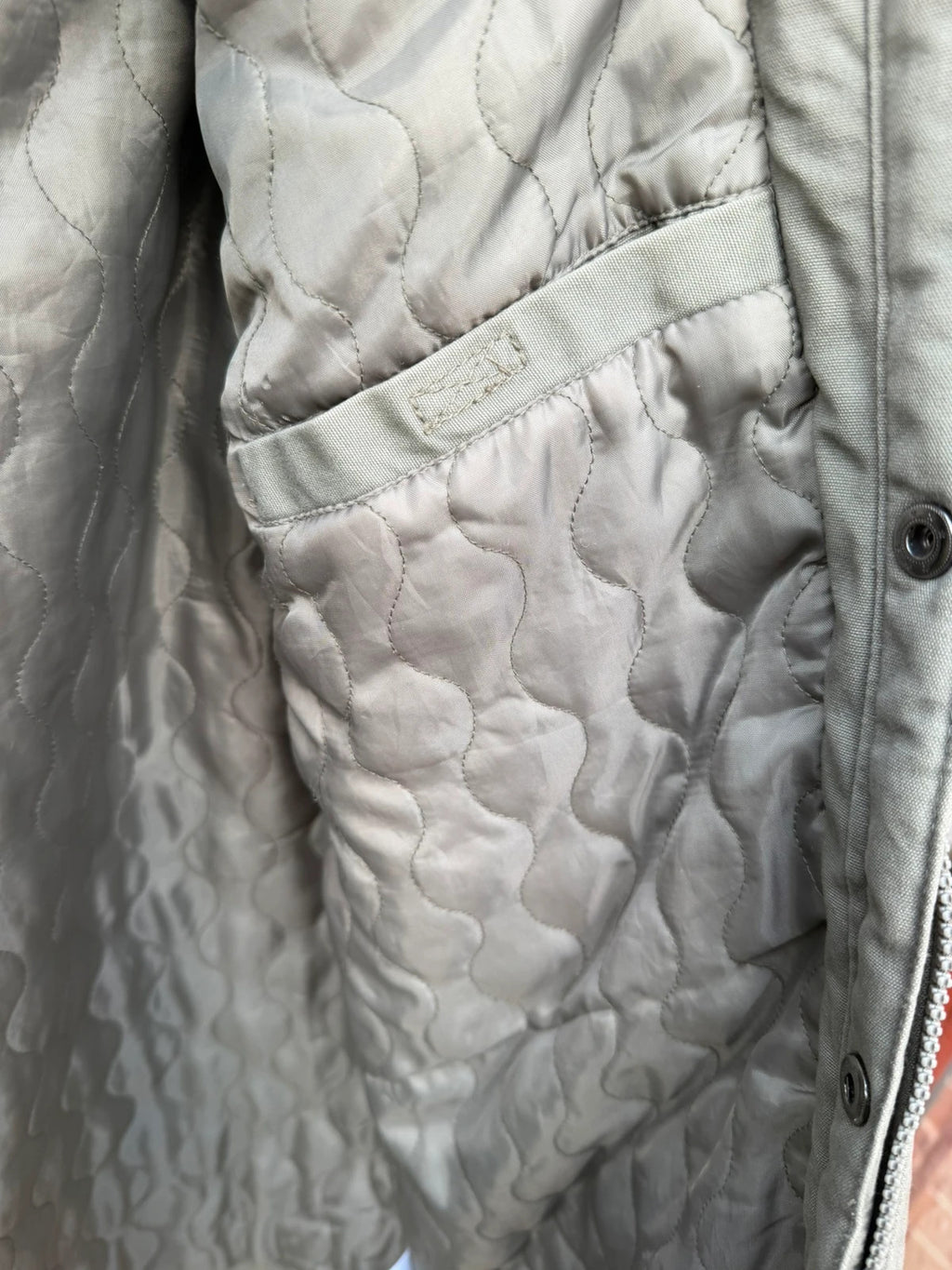 Republic khaki utility jacket with military zip, lightweight fabric, pre-loved condition.