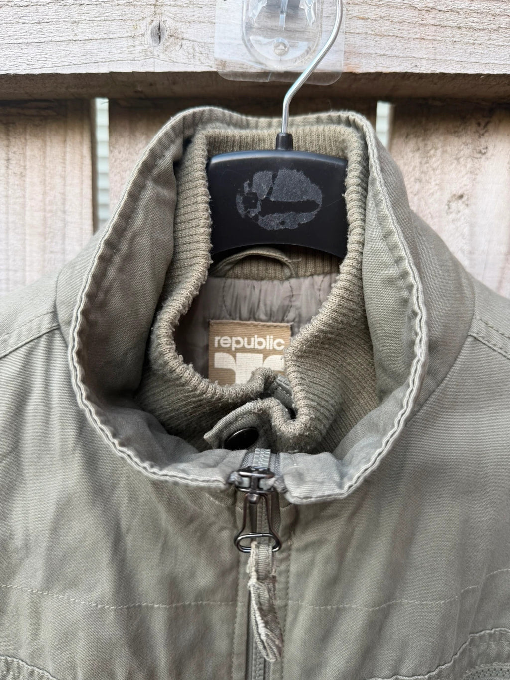 Republic khaki utility jacket with military zip, lightweight fabric, pre-loved condition.