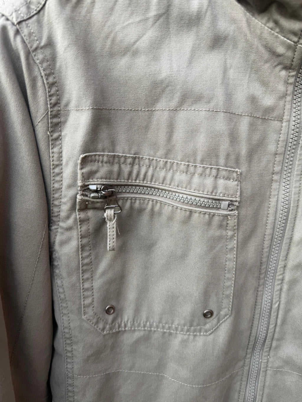 Republic khaki utility jacket with military zip, lightweight fabric, pre-loved condition.
