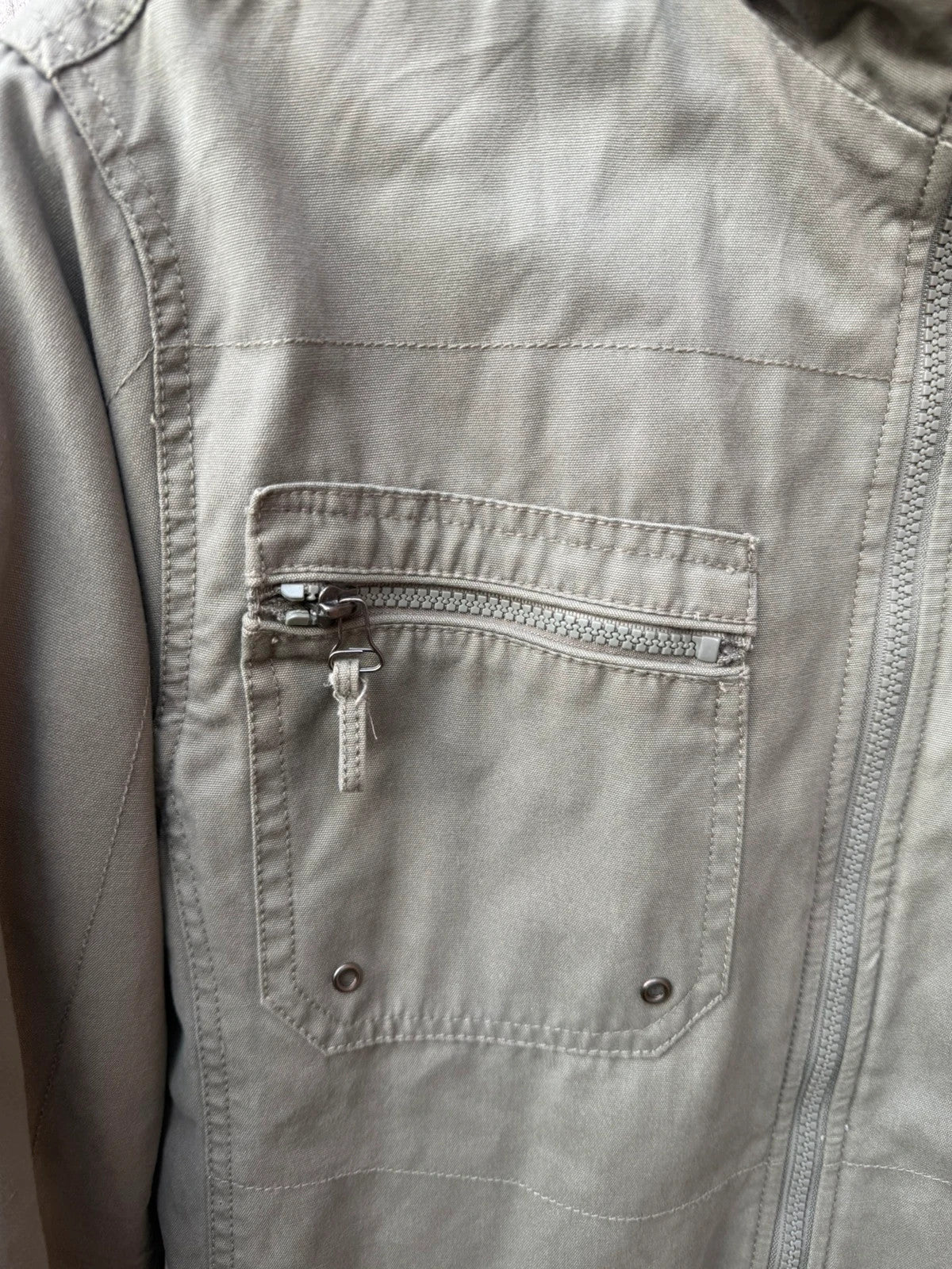 Republic khaki utility jacket with military zip, lightweight fabric, pre-loved condition.