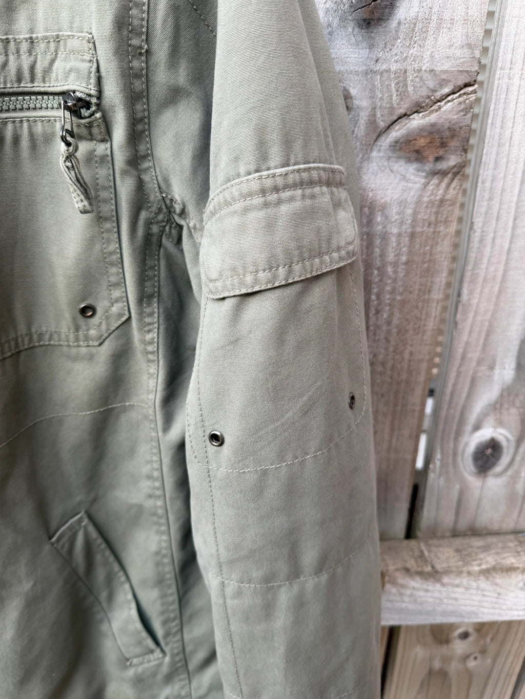 Republic khaki utility jacket with military zip, lightweight fabric, pre-loved condition.