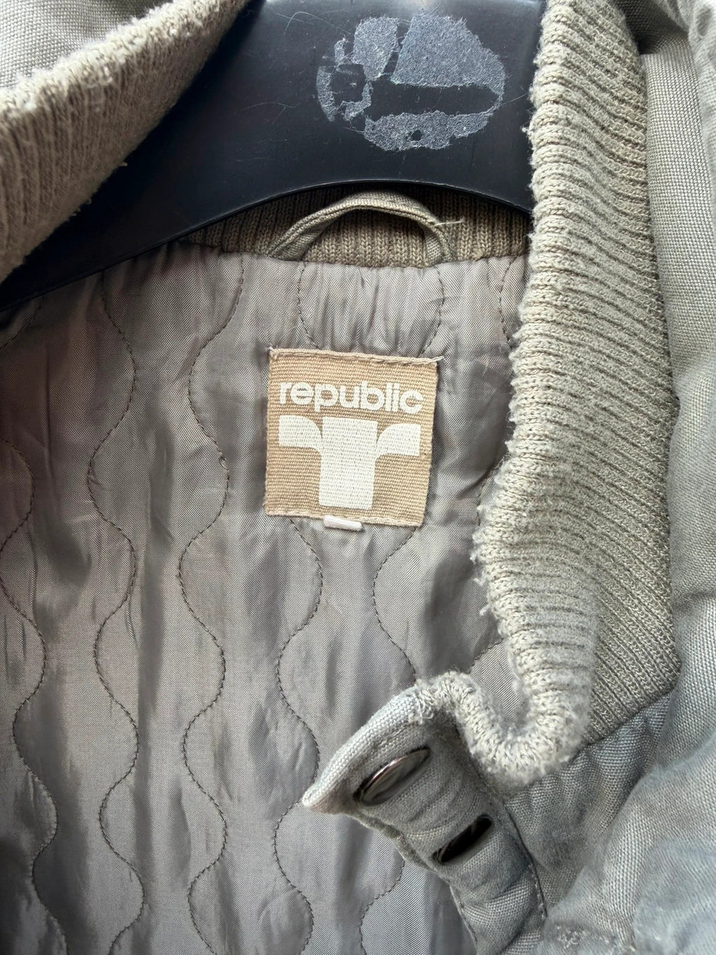 Republic khaki utility jacket with military zip, lightweight fabric, pre-loved condition.