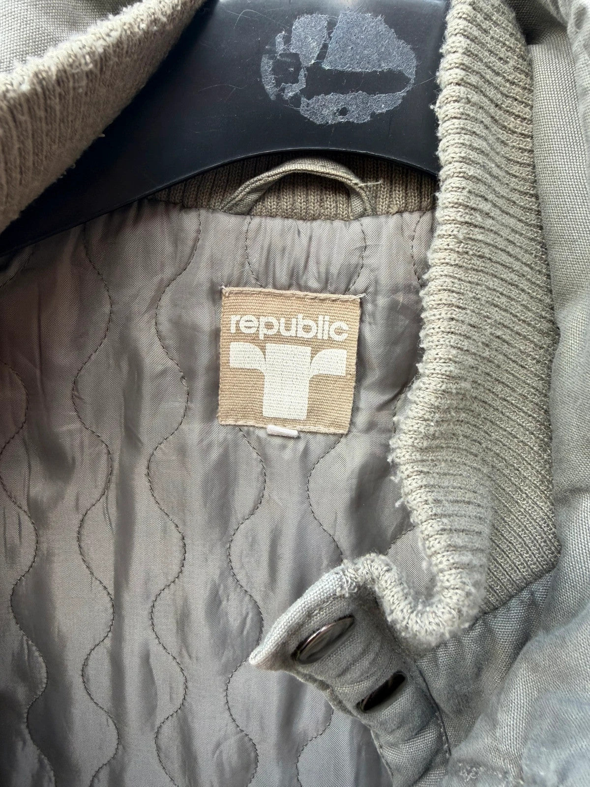 Republic khaki utility jacket with military zip, lightweight fabric, pre-loved condition.