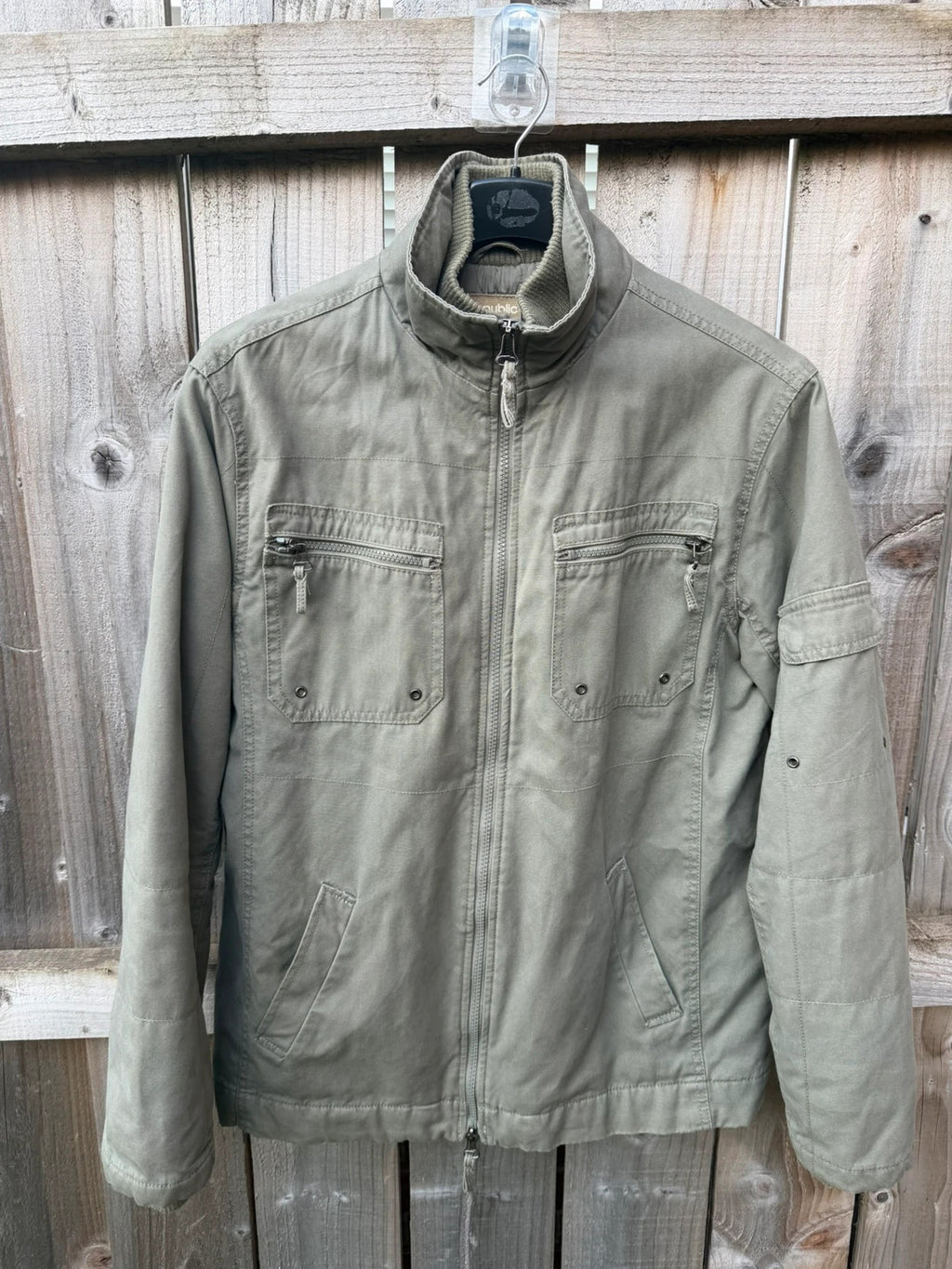 Republic khaki utility jacket with military zip, lightweight fabric, pre-loved condition.