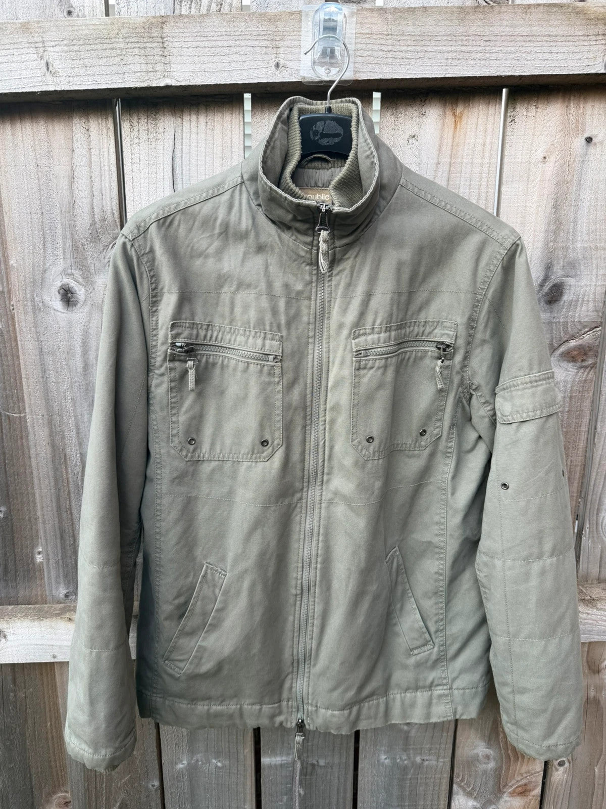 Republic khaki utility jacket with military zip, lightweight fabric, pre-loved condition.