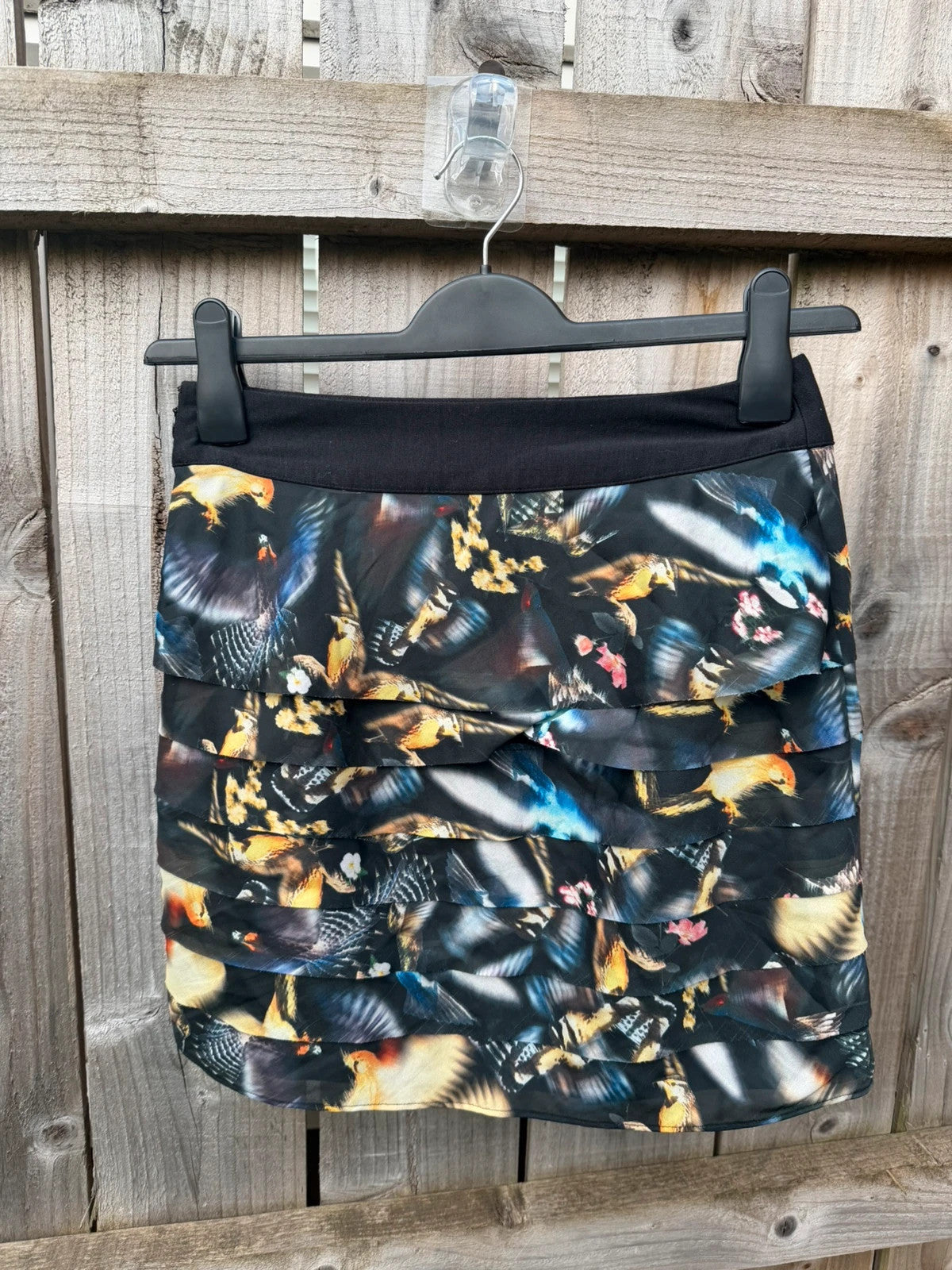 Ted Baker multi colored bird print tiered mini skirt black floral ruffles