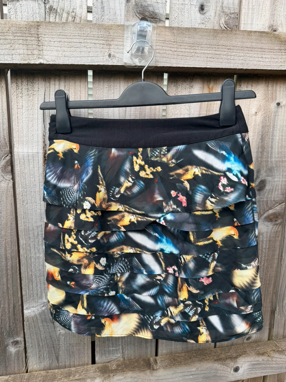 Ted Baker multi colored bird print tiered mini skirt black floral ruffles