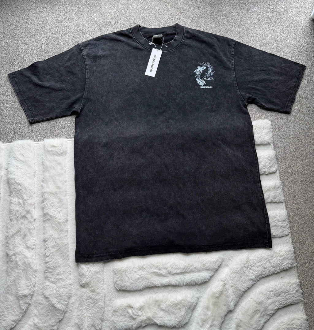 Vintage Dressing black and grey acid wash graphic tee featuring koi fish design.