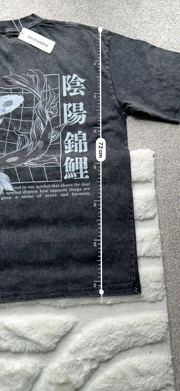 Vintage Dressing black and grey acid wash graphic tee featuring koi fish design.