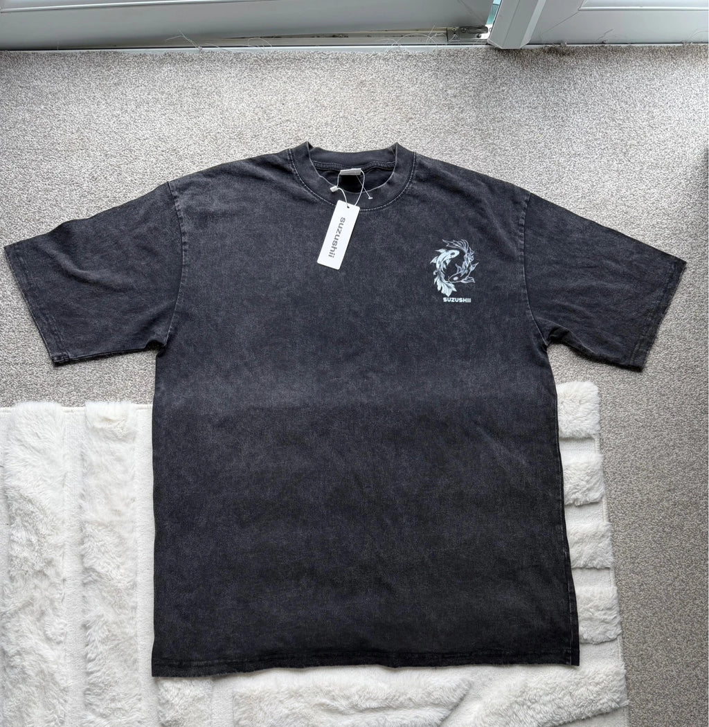 Vintage Dressing black and grey acid wash graphic tee featuring koi fish design.